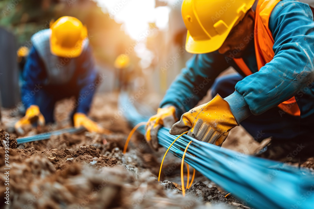 Workers in hard hats laying fiber in a dirt dithc