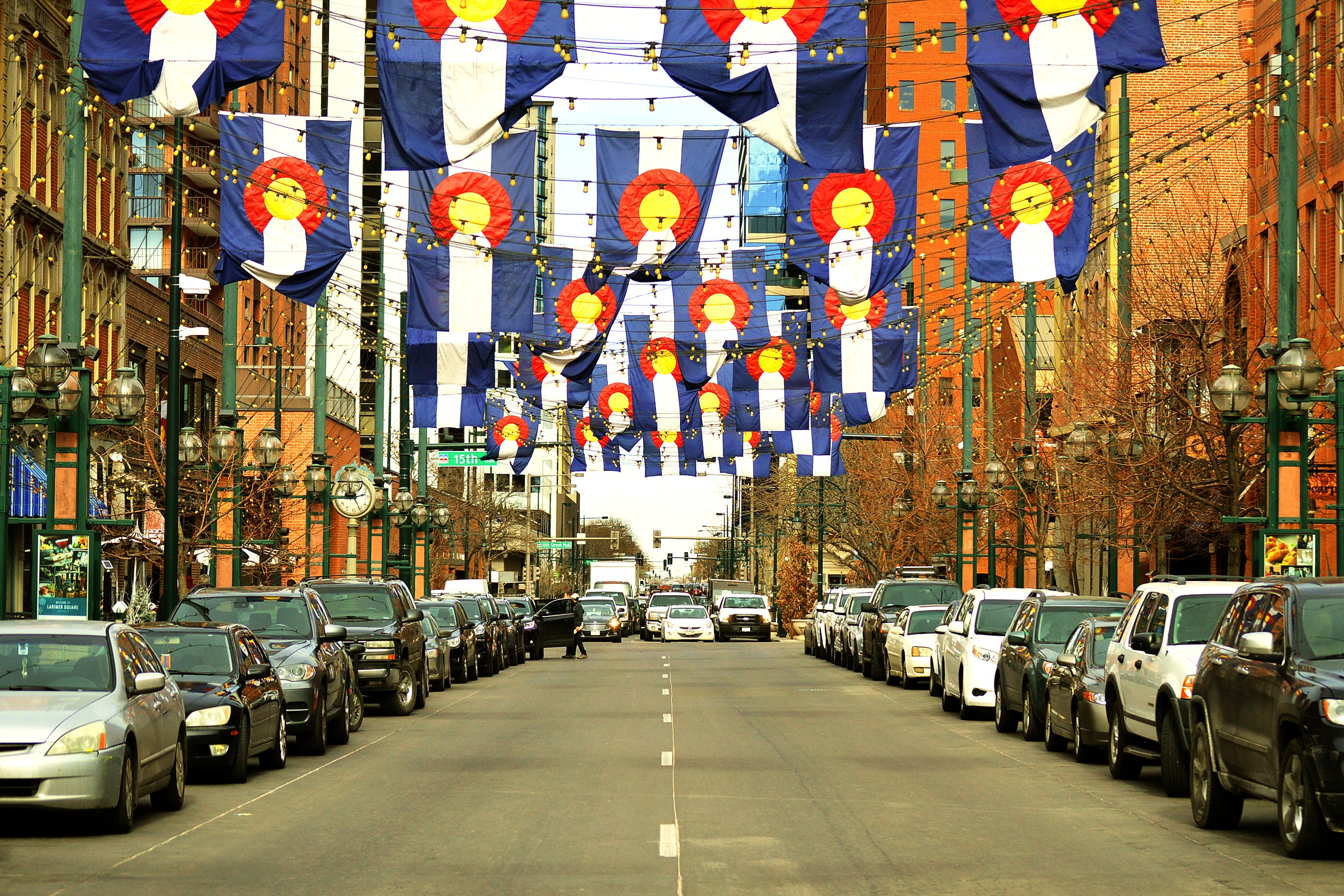 Larimer St in Colorado with flags