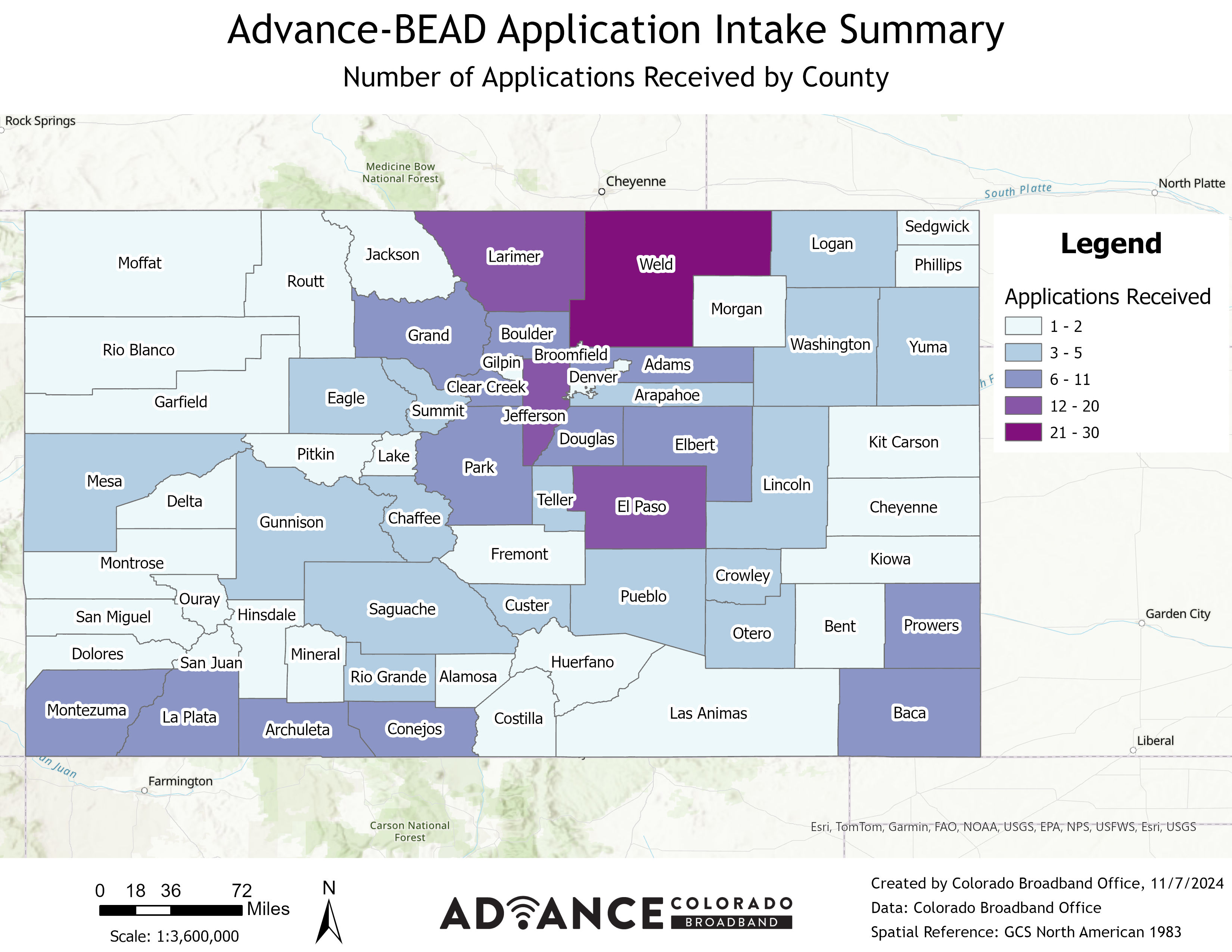 Map of Colorado counties that received a BEAD application